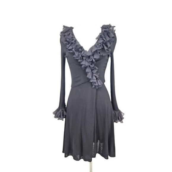 VTG Mr Blackwell Custom Black Dress Womens XS/S Ruffle Trim Surplice Skirt - Picture 3 of 10